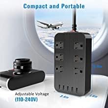 Wall Mount Power Outlet 6 AC Multi-Outlet Extender 5 USB Charging Ports Black Flat Plug 6ft Extension Cord 10A 2500W Compact Plug and Socket Home Office