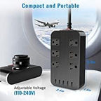 Wall Mount Power Outlet 6 AC Multi-Outlet Extender 5 USB Charging Ports Black Flat Plug 6ft Extension Cord 10A 2500W Compact Plug and Socket Home Office