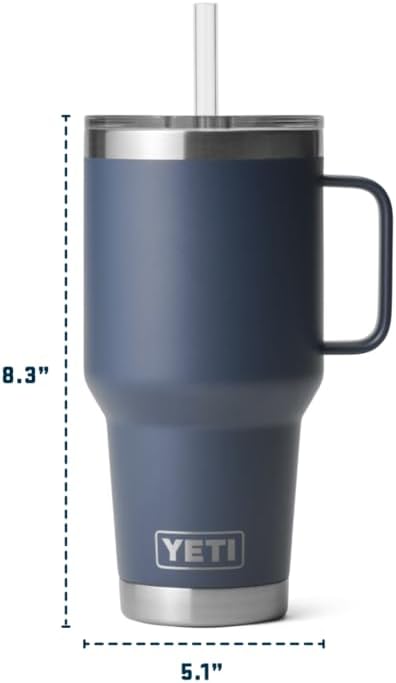 YETI Rambler 35 oz Tumbler with Handle and Straw Lid, Travel Mug Water Tumbler, Vacuum Insulated Cup with Handle, Stainless Steel, White