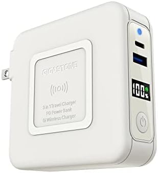 Gigastone 3in1 Power Bank with AC Plug 10000mAh with USB-C PD 3.0 20W, USB-A QC3.0 18W Fast Charging, 5W to 15W Wireless Output, Compatible with Apple, Android, and Other Qi Enabled Devices - White