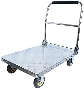 Flatbed Hand Cart Push Cart Stainless Steel Trolley Heavy Duty Load Capacity Platform Truck with Foldable Handle and Silent Swivel Wheels for Moving Heavy Duty Flatbed