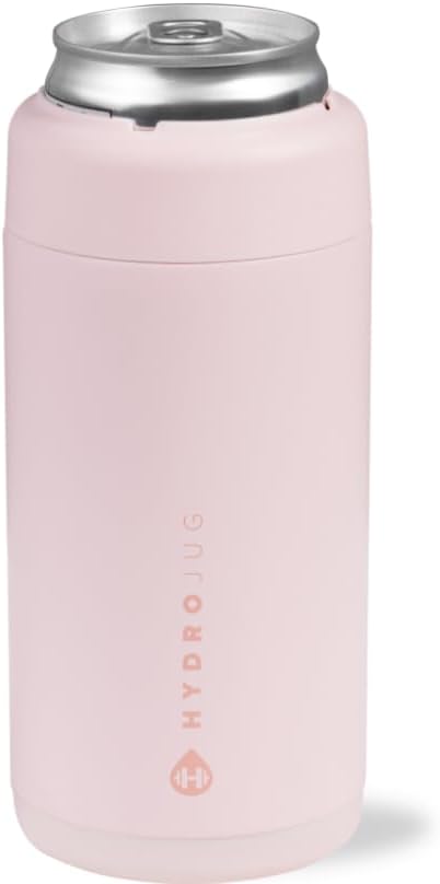 HydroJug Slim Can Cooler - 2-in-1 Insulated Can Cooler Cup - Stainless Steel Slim Can Holder with Non-Slip Rubber Base - Screw-Top Lid - Dishwasher Safe - 12oz, Pink Sand