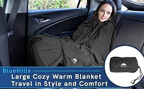 BlueHills Premium Soft Compact Travel Blanket Value Pack Set of 2 - Airplane Flight Blanket Throw in Soft with Luggage Belt Compact Pack Large Blanket for Travel Black and Navy Blue Color