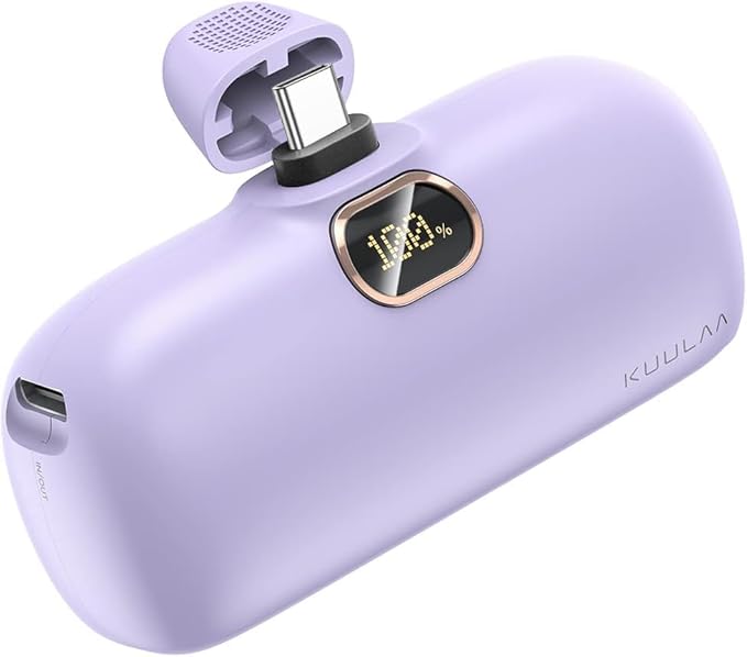 Kuulaa Portable Charger USB C with Built-in USB-C Plug, 5000mAh PD20W Fast Charging Power Bank, LCD Digital Display Battery Pack for iPhone 15/16/17,Samsung S22/S23 & Android (Purple)