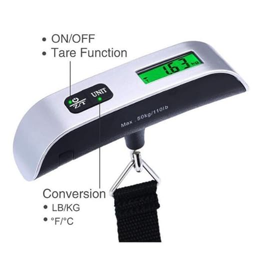 Digital Luggage Scale, 110lb Capacity, Backlit LCD Display, Temperature Sensor, Silver