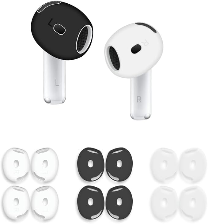 6 Pairs Ear Cover for AirPods 4,Anti Slip Ear Skin Tips Accessories Sport Ultra Thin Slim Soft Silicone Ear Tips Earbuds Gel Cover Compatible with AirPods 4th Generation (Black+White+Clear)