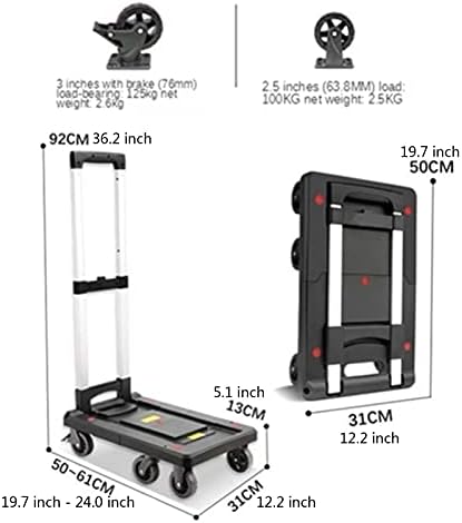 Push Cart Folding Platform Truck Plastic Push Cart Heavy Duty Portable Trolley with Retractable Assis for Luggage Travel Moving Office Platform Hand Truck (Large Black)
