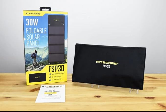 NITECORE FSP30 30W Portable Solar Charger, USB-A & USB 3 Output Ports, High Efficent 4 Foldable Panels for Camping Hiking Van RV Trip Compatible with Phones and Tablets with Nitecore Sticker
