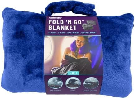 Cabeau Fold ‘N Go Travel Blanket Doubles as Neck Support Pillow, Versatile Lumbar Support Cushion, with Compact Travel Case - French Microfiber (Blue)