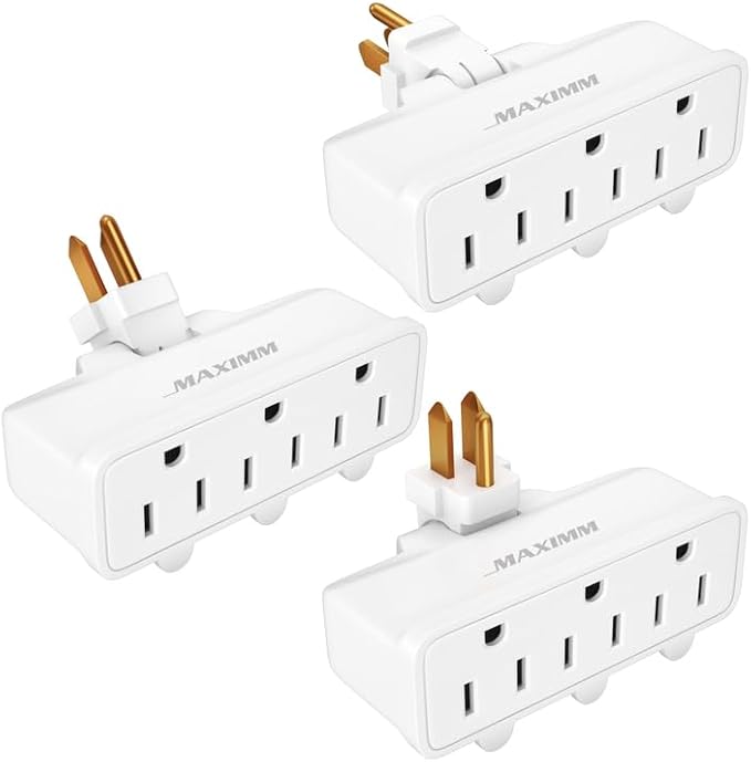 3-Outlet Plug Extender, Multi Outlet Wall Plug (3 Pack), 180 Degree Swivel Outlet Extender Wall Tap with 3-Prong Grounded Outlet Plug, ETL Listed AC Outlet Adapter, White