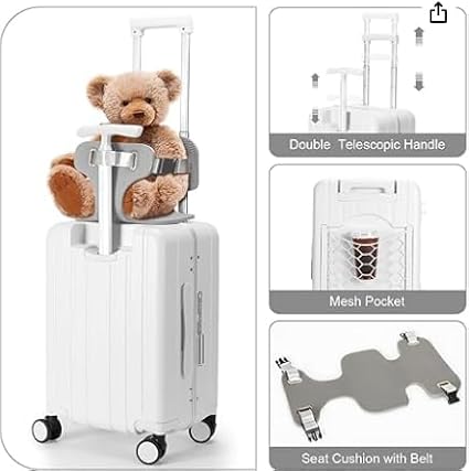 CNCEST 20" Adjustable Double Handle Ride-on Luggage,Travel Carry On Trolley Case with Mesh Pocket for Kids,Children's Ride On Suitcase with Wheels & TSA Lock (StyleB, White)