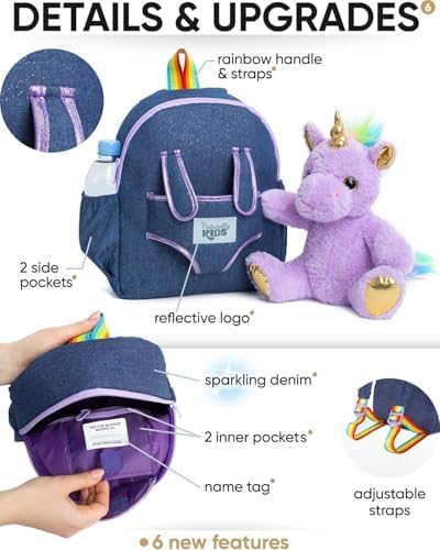 Naturally KIDS 【Upgraded】 Medium Backpack w Removable Purple Unicorn Toy for Girls Age 4-7 | Side&Inner Pockets, Reflective Logo, Sparkling Material | Unicorn Gifts for 5 Year Old Girls – Medium size