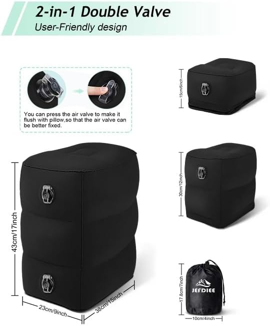 Inflatable Travel Foot Rest Pillow, Kids Airplane Bed, Adjustable 3 Layers Height Leg Rest Pillow, Adults Travel Essentials Great for Airplane, Office, Home, Trains, Cars (Black)