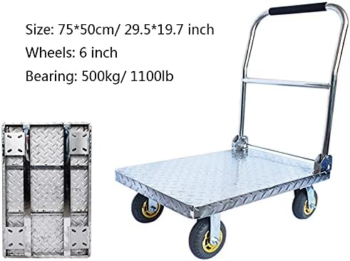 Flatbed Hand Cart Push Cart Stainless Steel Trolley Heavy Duty Load Capacity Platform Truck with Foldable Handle and Silent Swivel Wheels for Moving Heavy Duty Flatbed