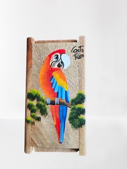 Tapanti store.Chorreador,Costa Rican handcrafted foldable wooden pour-over coffee maker.Includes a reusable cloth filter.Hand painted Macaw wooden design.Light Cedar.Perfect for travel (Red)
