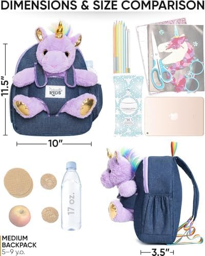 Naturally KIDS 【Upgraded】 Medium Backpack w Removable Purple Unicorn Toy for Girls Age 4-7 | Side&Inner Pockets, Reflective Logo, Sparkling Material | Unicorn Gifts for 5 Year Old Girls – Medium size