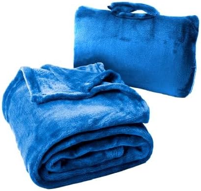 Cabeau Fold ‘N Go Travel Blanket Doubles as Neck Support Pillow, Versatile Lumbar Support Cushion, with Compact Travel Case - French Microfiber (Blue) (Pack of 2)