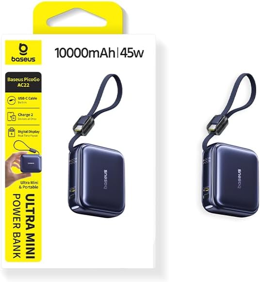 Baseus PicoGo Mini Power Bank – 10000mAh Capacity with 45W PD Fast Charging, Built-in USB-C Cable, Ultra-Small Design, Perfectly Compatible with iPhone 17/16/15, Samsung S25/S24, Pixel 10 and iPad