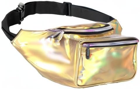 Holographic Fanny Pack Belt bag - Crossbody Waist Bag for Men or Women - Hands-Free, Waterproof Large Bumbag for Hiking, Running, and Travel (Gold)