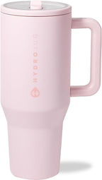 HydroJug Traveler - 40 oz Water Bottle with Handle & Flip Straw - Fits in Cup Holder, Leak Resistant Tumbler-Reusable Insulated Stainless Steel & Rubber Base - Gifts for Women & Men, Pink Sand