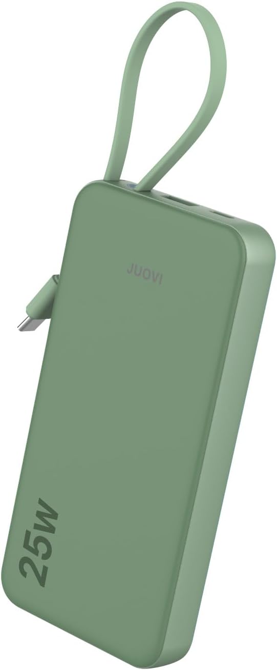 JUOVI 25w Portable Charger 10000mAh Power Bank with Built-in USB C Cable, Battery Pack Charger Portable LED Display Tavel Essential Phone Charger Compatible with iPhone 17/16/15 Series, Samsung, iPad