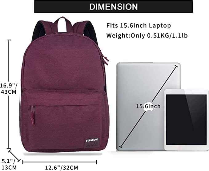SUPACOOL Casual Laptop Backpack for Men and Women, Backpack for College, USB Charging Port, Lightweight Pack Back(Burgundy Red)