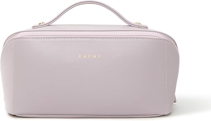 EACHY Travel Makeup Bag, Large Capacity Cosmetic Bag for Women, Waterproof PU Leather, Flat Open Portable Toiletry Bag for Skincare, Brushes & Travel Essentials