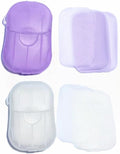 2 Boxes 100Pcs Portable Soap Sheets, Mini Portable Travel Soap Paper Sheets Disposable Water Soluble Hand Washing Bath Scented Paper Soap Camping Hiking and Shampoo for Outdoor(White&Purple)(ZS562)
