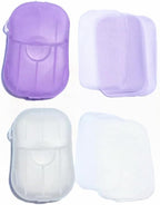 2 Boxes 100Pcs Portable Soap Sheets, Mini Portable Travel Soap Paper Sheets Disposable Water Soluble Hand Washing Bath Scented Paper Soap Camping Hiking and Shampoo for Outdoor(White&Purple)(ZS562)
