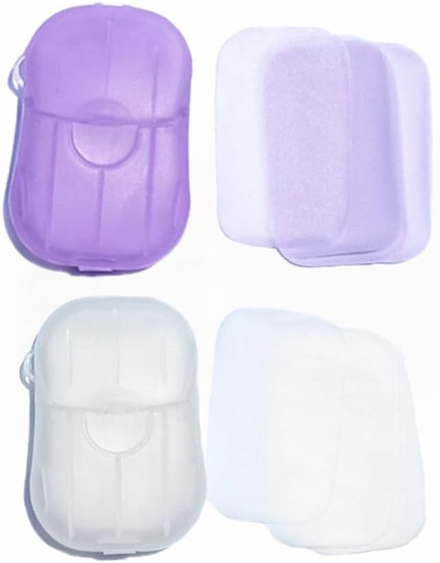 2 Boxes 100Pcs Portable Soap Sheets, Mini Portable Travel Soap Paper Sheets Disposable Water Soluble Hand Washing Bath Scented Paper Soap Camping Hiking and Shampoo for Outdoor(White&Purple)(ZS562)