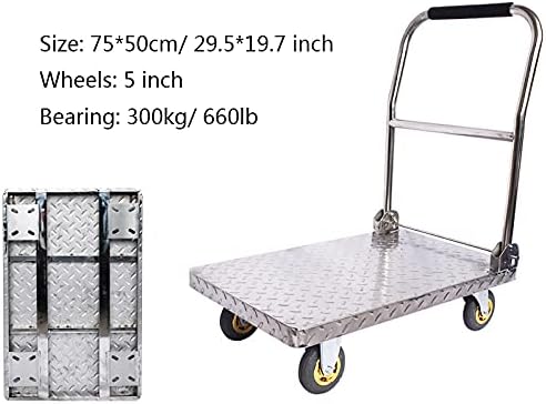 Flatbed Hand Cart Push Cart Stainless Steel Trolley Heavy Duty Load Capacity Platform Truck with Foldable Handle and Silent Swivel Wheels for Moving Heavy Duty Flatbed