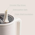 HydroJug Traveler - 32 oz Water Bottle with Handle & Flip Straw - Fits in Cup Holder, Leak Resistant Tumbler-Reusable Insulated Stainless Steel & Rubber Base - Gifts for Women & Men, Cream