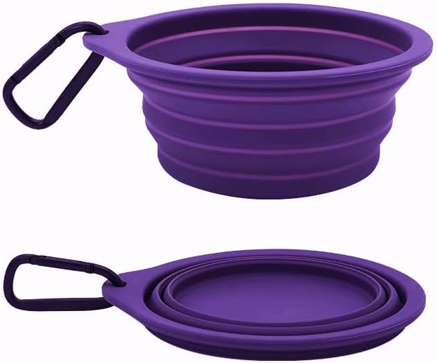 Collapsible Travel Pet Bowl with Carabiner for Dogs and Cats, Portable Silicone Pet Bowl for Waking, Hiking and Traveling (Purple)