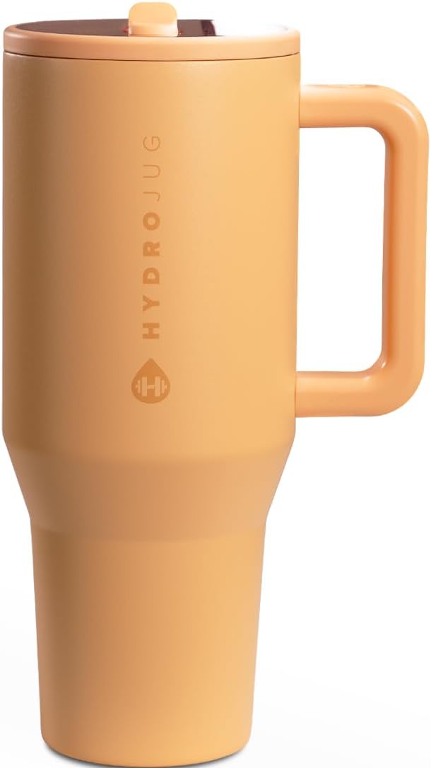 HydroJug Traveler - 32 oz Water Bottle with Handle & Flip Straw - Fits in Cup Holder, Leak Resistant Tumbler-Reusable Insulated Stainless Steel & Rubber Base - Gifts for Women & Men, Marigold
