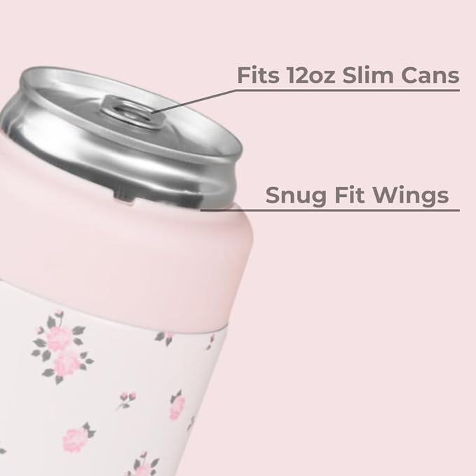 HydroJug Slim Can Cooler - 2-in-1 Insulated Can Cooler Cup - Stainless Steel Slim Can Holder with Non-Slip Rubber Base - Screw-Top Lid - Dishwasher Safe - 12oz, Wildrose