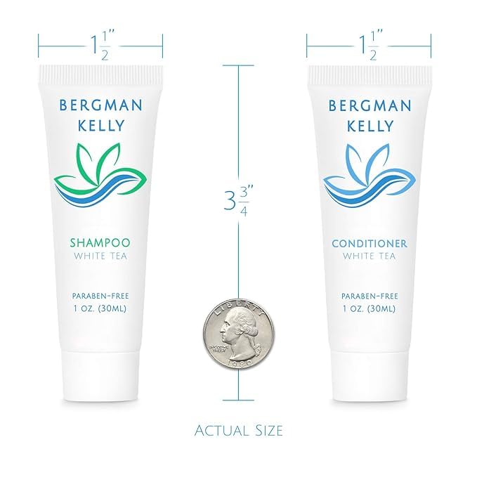 Bergman Kelly - Hotel Toiletries Bundle - White Tea, 1 oz ea, 125 Pieces - 5-Piece Set: 25 ea Rectangular Bar Soap, Shampoo, Conditioner, Body Lotion & Body Wash - Bulk Mini Guest Amenities