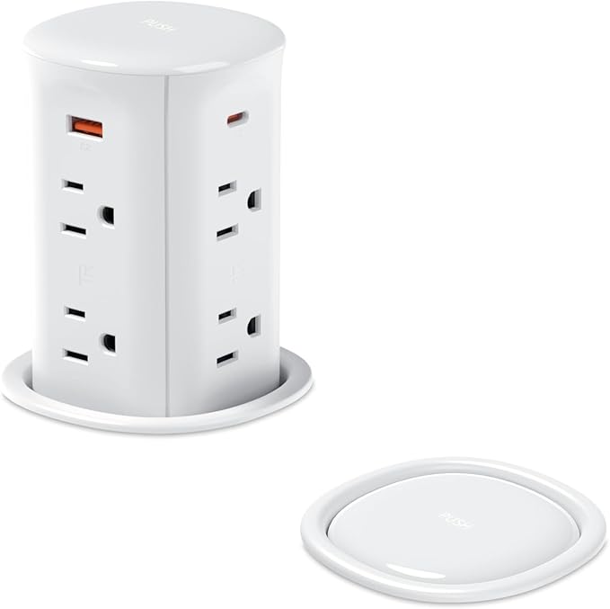 Pop Up Outlet for Countertop,Recessed Power Strip,Power Grommet 3.15 inch Desk Hole Insert,20W USB C,Outlets,2 USB C/2 USB A, Table Outlet,Desk Charging Station,ETL Listed (White, 8AC-6FT)