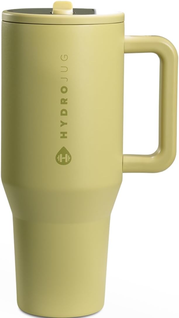 HydroJug Traveler - 32 oz Water Bottle with Handle & Flip Straw - Fits in Cup Holder, Leak Resistant Tumbler-Reusable Insulated Stainless Steel & Rubber Base - Gifts for Women & Men, Olive