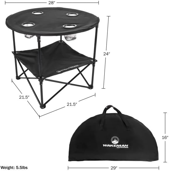 Camping Table - 2-Tier Folding Table with 4 Cupholders and Carry Bag for Picnic, Tailgate, Beach, or Camp - Camping Gear by Wakeman Outdoors (Black)