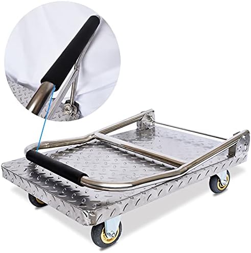Flatbed Hand Cart Push Cart Stainless Steel Trolley Heavy Duty Load Capacity Platform Truck with Foldable Handle and Silent Swivel Wheels for Moving Heavy Duty Flatbed