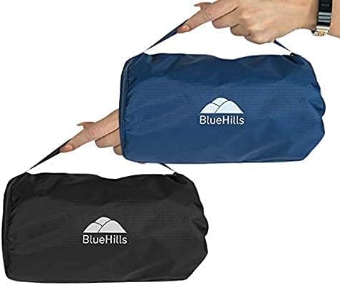 BlueHills Premium Soft Compact Travel Blanket Value Pack Set of 2 - Airplane Flight Blanket Throw in Soft with Luggage Belt Compact Pack Large Blanket for Travel Black and Navy Blue Color