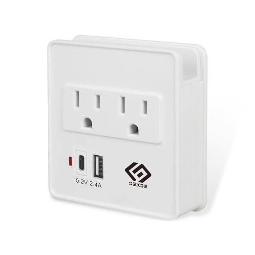 OSKOS Outlet Extender, Wall Surge Protector, 2 Outlets with 2.4A Two USB Ports (1A1C), Wall Mount Adapter with Top Phone Holder, 280 Joules, UL Listed