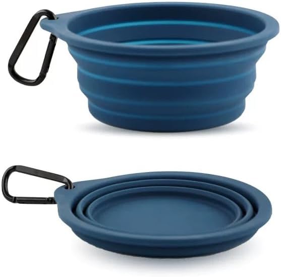 Collapsible Travel Pet Bowl with Carabiner for Dogs and Cats, Portable Silicone Pet Bowl for Waking, Hiking and Traveling (Blue)