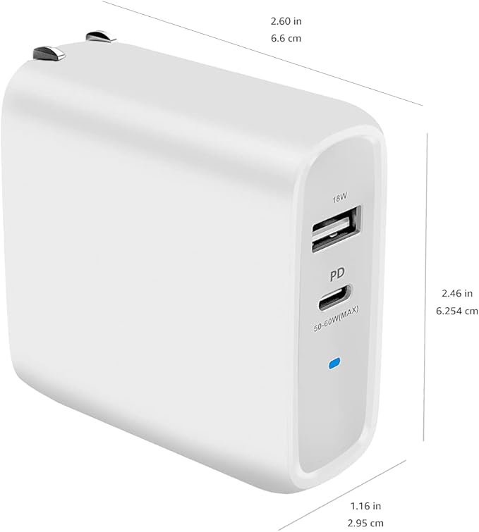 Amazon Basics 68W Two-Port GaN Wall Charger with 1 USB-C (60W) & 1 USB-A Ports (18W) with PD for Laptops, Tablets & Phones (iPhone 16/15/14/13/12/11/X, iPad, MacPro, Samsung, More), Non-PPS, White