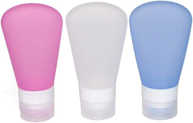 3 Pack Portable Food Grade Squeeze Silicone Liquid Travel Bottles For Shampoo, Conditioner, Lotion, Toiletries (3 OZ Pink + White + Blue)