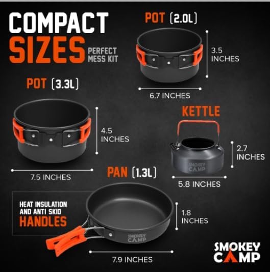 Smokey Camp Camping Cookware Mess Kit Set with Stove - Backpacking Camping Pots and Pans Set, All in One Non-Stick Camping Cooking Set, Portable Stove, Hiking, Picnic, Outdoor & Camping Cookware Set