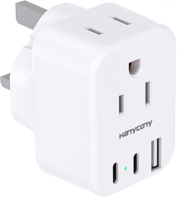 HANYCONY US to UK Ireland Travel Plug Adapter, Type G Travel Adapter 2 Outlets 3 USB Ports(2USB C), UK Power Adapter Converter for USA to Dubai England London Scotland British Kenya Irish Hongkong