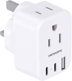 HANYCONY US to UK Ireland Travel Plug Adapter, Type G Travel Adapter 2 Outlets 3 USB Ports(2USB C), UK Power Adapter Converter for USA to Dubai England London Scotland British Kenya Irish Hongkong