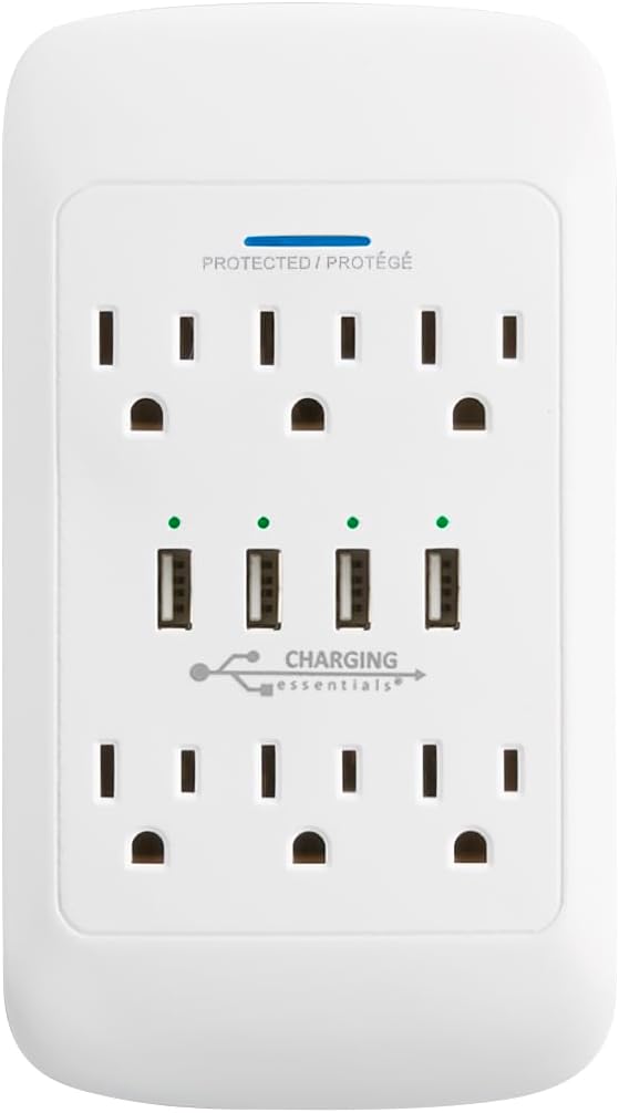 6 AC Outlets + 4 USB Ports Wall Tap Charging Station with Device Shelf