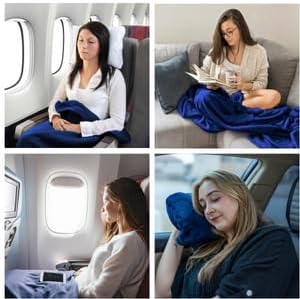 Cloud 9 Airline Travel Blanket Compact with Bag, Airplane Blanket for Long Flight, 3 in 1 Neck Pillow, Lumbar Support, Premium Airplane Accessories, Security Pouch, 300 GSM, Polyester Fleece